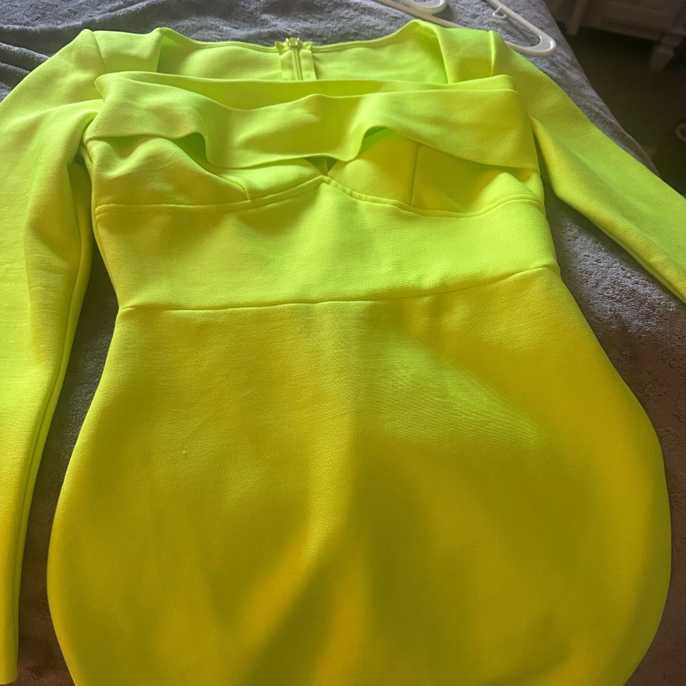 shein neon yellow body con midi dress 3/4 length sleeves size 6